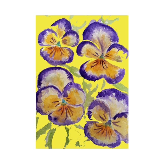 Viola Watercolor Purple Floral Pattern on Yellow by SarahRajkotwala