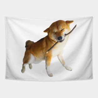 Lilly the Shiba Inu Smiling with Stick Tapestry