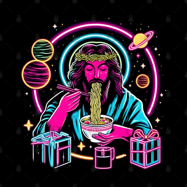 RAMEN JESUS PLANETS STARS RETRO 80'S NEON VIBE by athirdcreatives