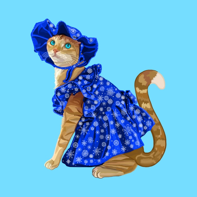 Ginger Cat in Snowflake Winter Dress by Art by Deborah Camp