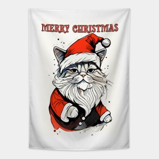 Funny Merry Christmas Quote Cute Santa Claus Cat Illustration for Pet Lovers and Owners Tapestry