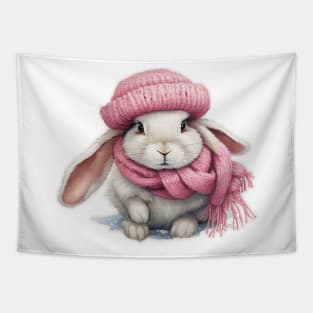 Adorable cute rabbit wearing a pink hat and scarf Tapestry