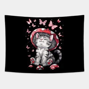 Mushroom Cat With Butterflies Tapestry