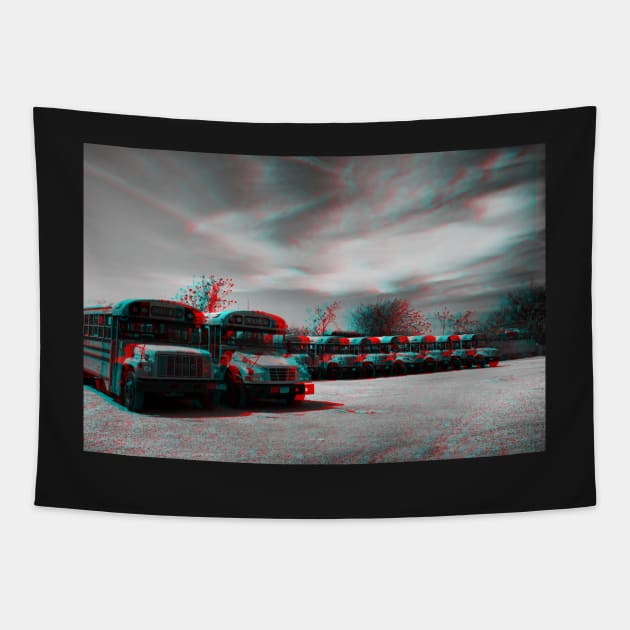 Anaglyph image of School buses waiting in a parking lot in Brooklyn, New York City Tapestry by Reinvention