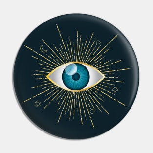 Aqua Blue Evil Eye Gold Eyelashes Sun Moon Star Nazar Mati Talisman Pin