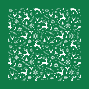 Merry Christmas and Happy New Year Santa Claus Pattern Design With Xmas Tree Reindeer Snow Flakes and Snow T-Shirt