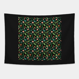 Black backdrop with flowers and leaves pattern Tapestry