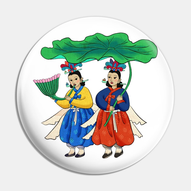 Minhwa: Taoist Fairy Sisters A-1 Type Pin by koreanfolkpaint