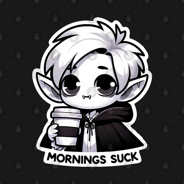 Mornings Suck Vampire Pun With Coffee Gothic Black and White by Dad and Co