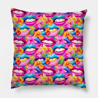 Neon Lips and Flowers Pillow