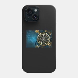 Golden Clock on Turquoise Background ( Steampunk ) Phone Case