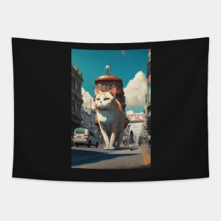 Giant cat walking on the street Tapestry