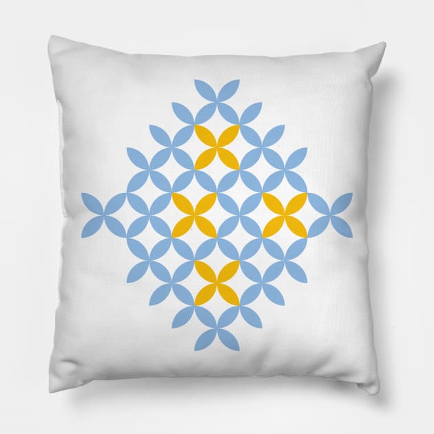 Eastern European light blue and yellow stitches folk art pattern Pillow by IngaDesign