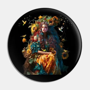 Woman - Sunflowers - Birds - Floral - Stars Pin