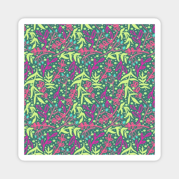 Botanicals and Dots - Hand drawn Design - Green, Pink, Teal Blue Magnet by GenAumonier