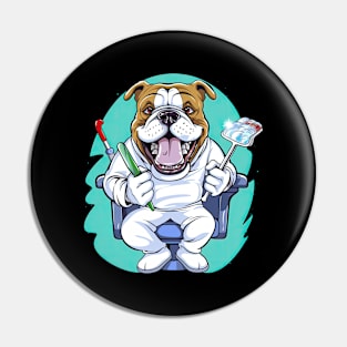 a Dentist English Bulldog wearing a white coat, holding a toothbrush in one paw and a dental mirror Pin