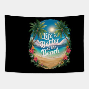 Life Is Better At the Beach Tropical Beach Life Hibiscus Flowers Palm Trees Summertime Summer Vacation Tapestry