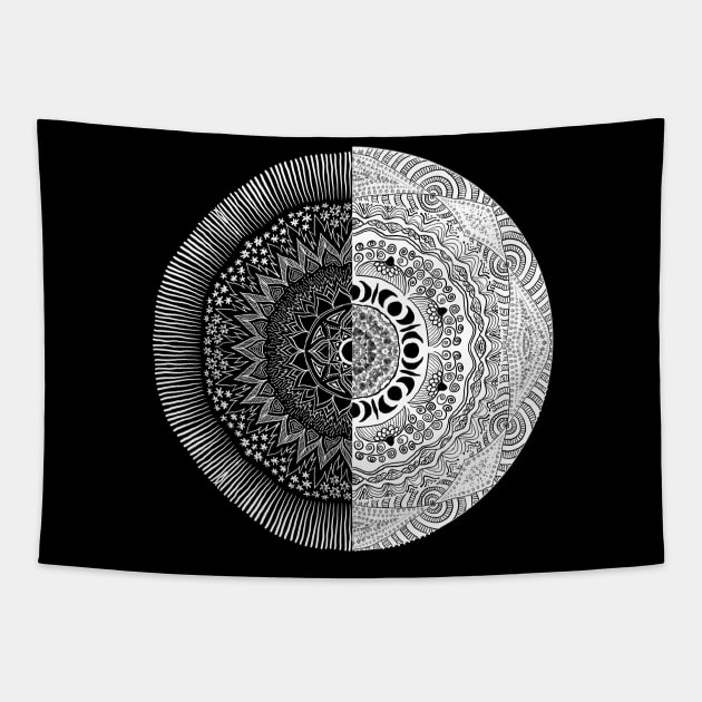 Equinox mandala, black and white, harvest sun, and moon Tapestry by Pragonette