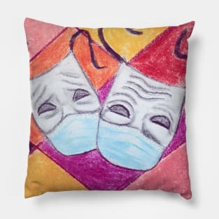 Theater masks wearing corona / covid 19 face masks - sock and buskin - ancient symbols of comedy and tragedy In Greek theatre Pillow