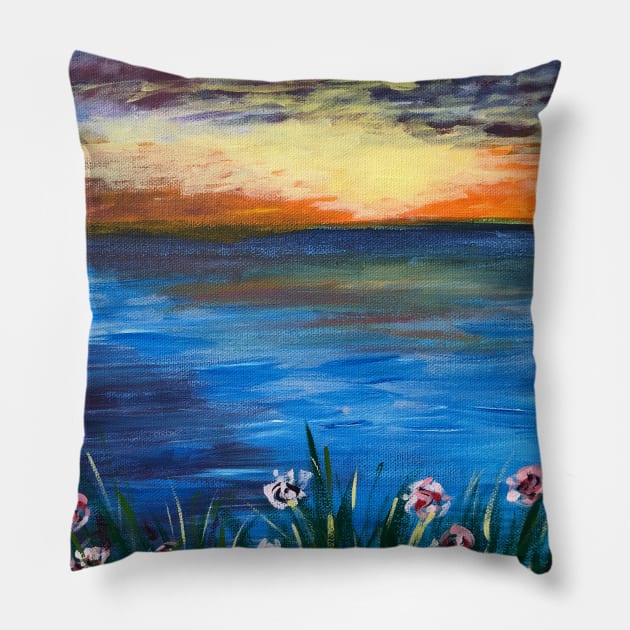 Sunset Over The Pond - Cape May Point Acrylic Painting Pillow by Linden Tree Gifts