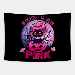 In October We Wear Pink Cute Black Cat Pumpkin Halloween Tapestry