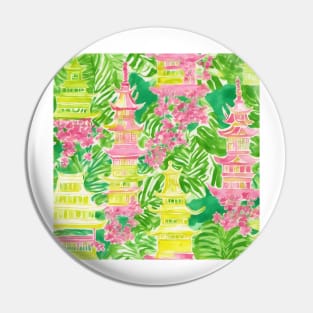 Yellow, pink and green pagodas, leaves and cherry blossom Pin