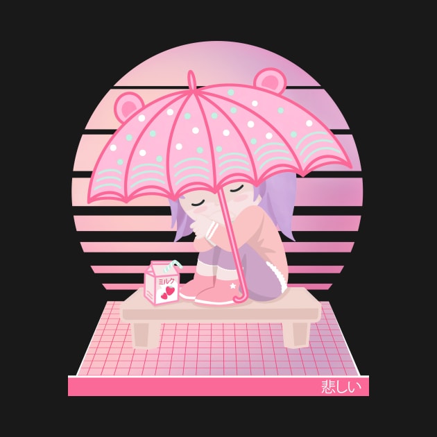 90s Japanese Kawaii Sad Girl Pink Japanese Strawberry Milk by gogo-jr