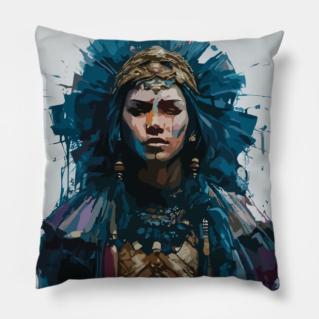 Mayan God in Costume with Mask in Ink Painting Style Pillow by diegotorres