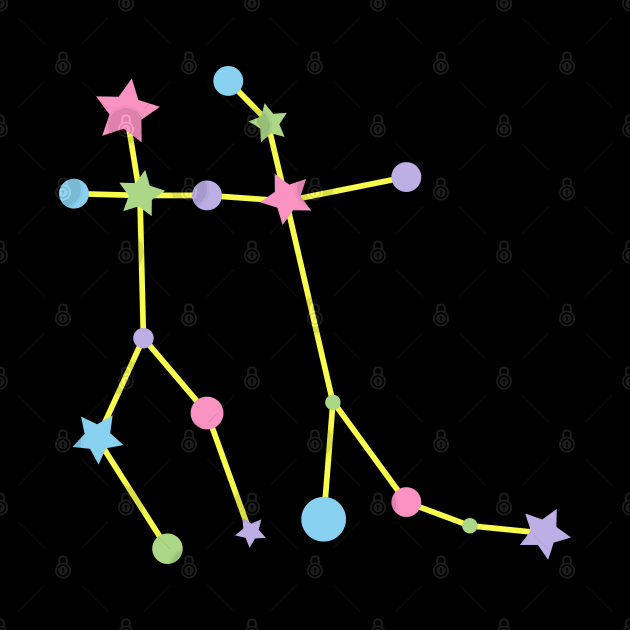 Gemini Zodiac Constellation in Rainbow Pastels - Black by Kelly Gigi