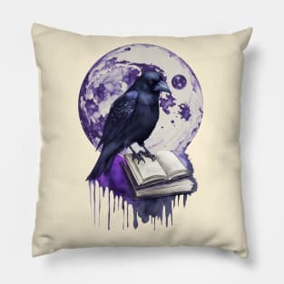 Raven reading books, full moon, witch, Halloween, crow, raven, corvid, books, magic, witchcraft, Wicca Pillow