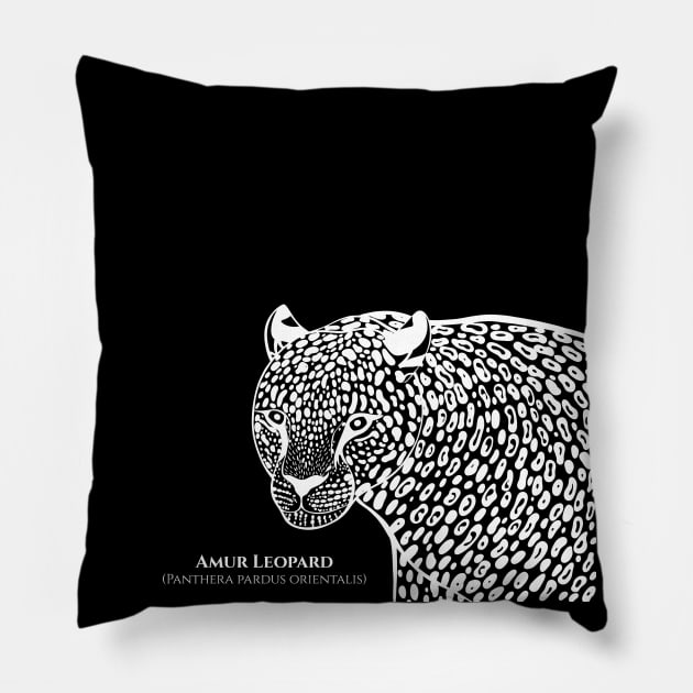 Amur Leopard with Common and Scientific Names - big cat design Pillow by Green Paladin