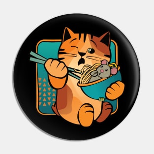 Cat Eating Noodles with Mouse Pin