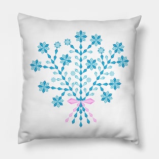 Winter blue flower bouquet with short pink ribbon, version one Pillow