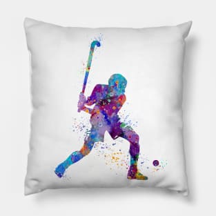 Boy Field Hockey Player Watercolor Sport Pillow