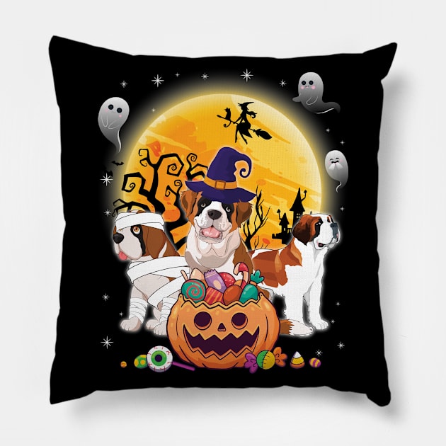 Saint Bernard Dog Mummy Witch Moon Ghosts Happy Halloween Thanksgiving Merry Christmas Day Pillow by joandraelliot