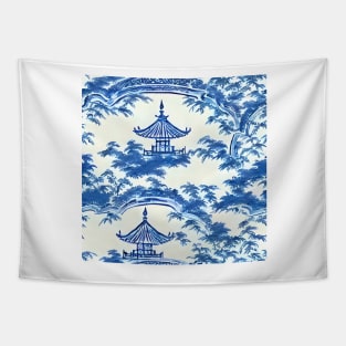 Blue and white chinoiserie landscape Tapestry