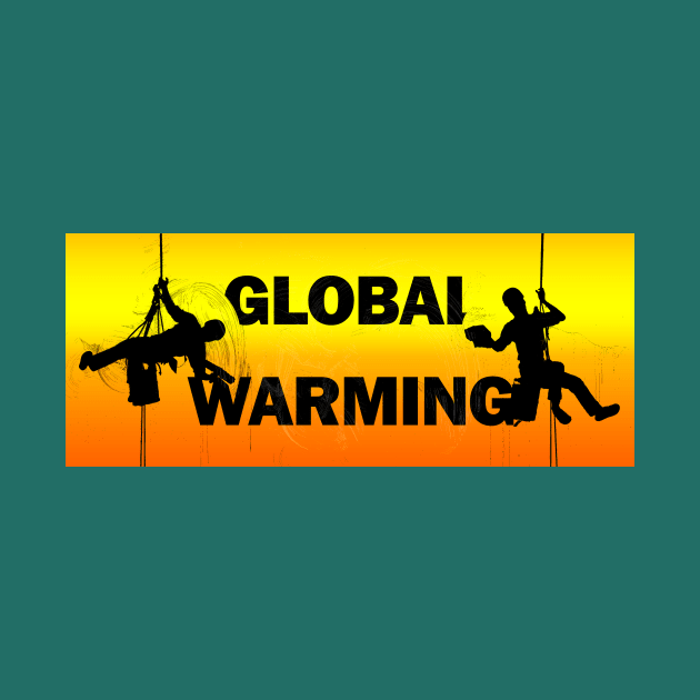 Global Warming - Typography, Two Window Cleaners Wiping Away The Word, Hot Orange Background by Earthworx