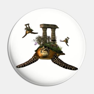 Fantasy turtles with flowers and ruin Pin