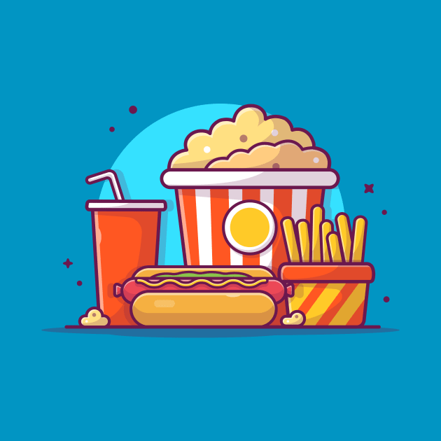 Tasty Combo Menu Hotdog with Popcorn, Soda and French Fries Cartoon Vector Icon Illustration by Catalyst Labs