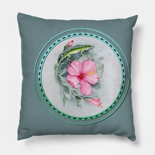 Anole Lizard & Hibiscus Pillow