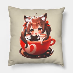 Cozy Chibi Cat Girl inside a Coffee Cup Pillow