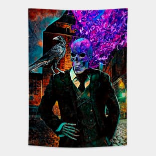 Undead in a tuxedo with a burning head Tapestry