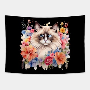 A ragdoll cat decorated with beautiful watercolor flowers Tapestry