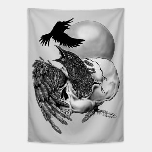 Raven in Human Skull Surreal Tattoo Tapestry