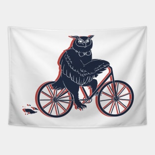 Owl on a Bike Blue Tapestry