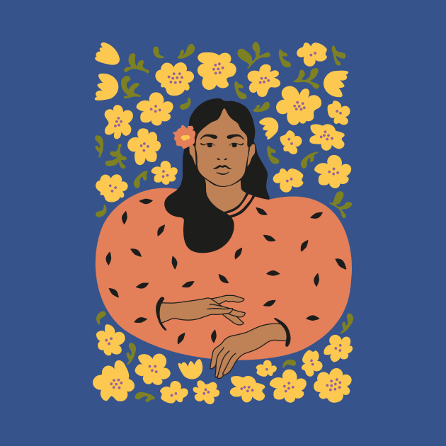 Woman in orange and yellow flowers by JunkyDotCom