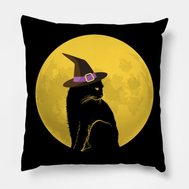 Black Witch Cat and Full Moon Pillow by dentikanys