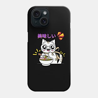 kawaii cute anime white cat eating ramen Phone Case