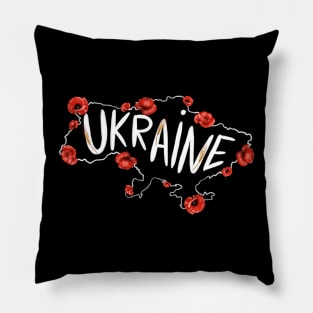 Map of Ukraine with red poppies and  text in English Ukraine. Pillow