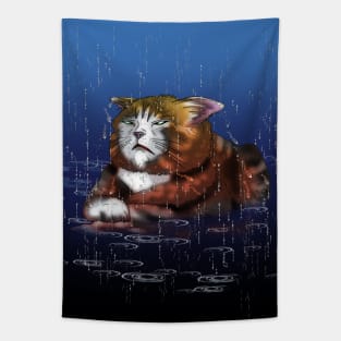 rainy wet tuxedo cat Tapestry